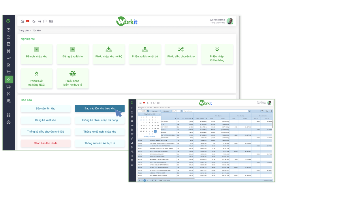 Giao diện tồn kho trong phần mềm ERP Workit