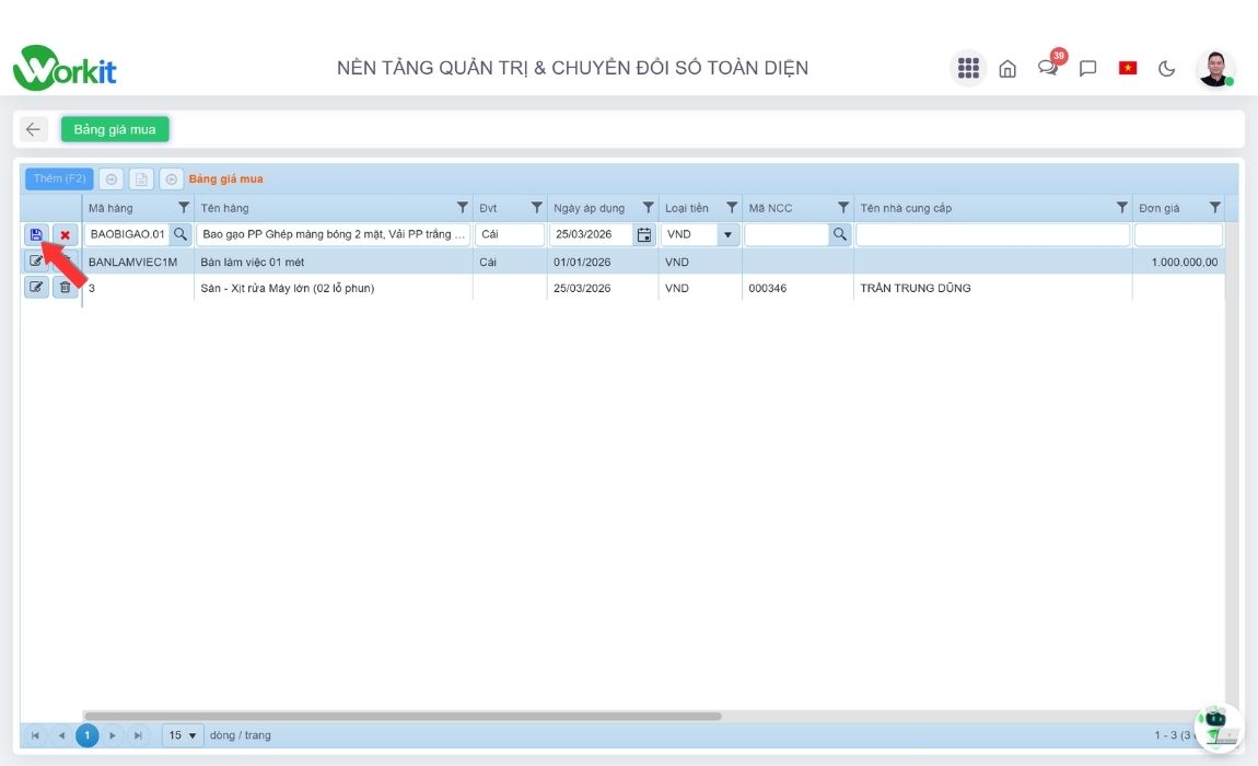 Tạo mới bảng giá