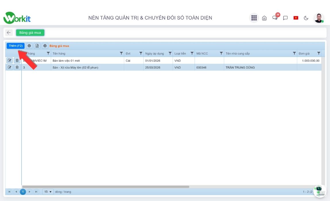 Lập bảng giá mua mới