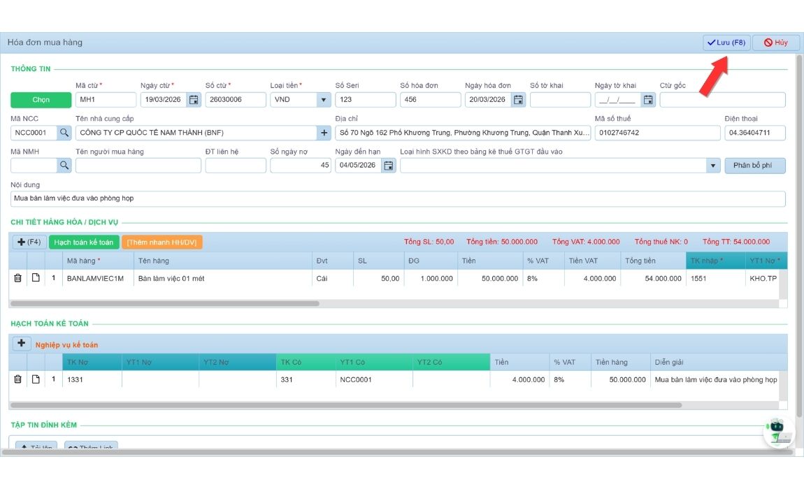 Lưu phiếu nhập kho