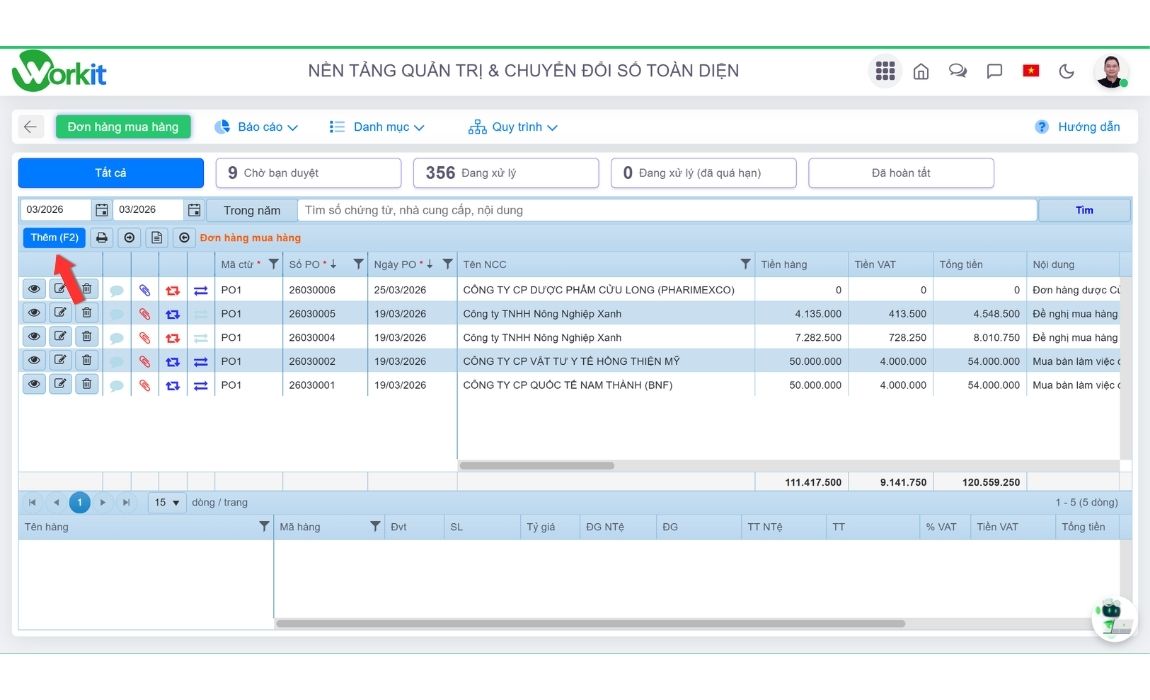 Tạo đơn/hợp đồng mua hàng