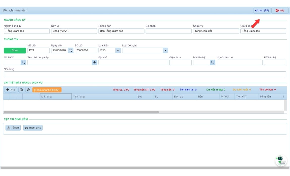 Tạo yêu cầu mua hàng