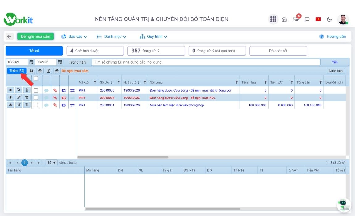 Tạo yêu cầu mua hàng
