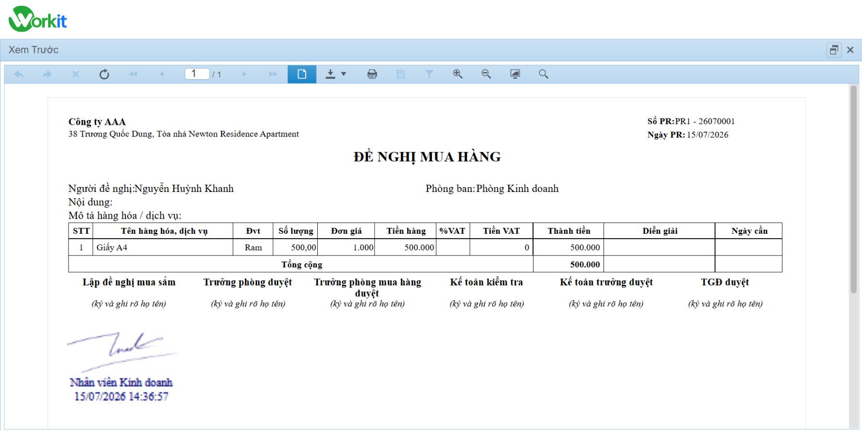 Duyệt phiếu đề nghị mua hàng bằng chữ ký số