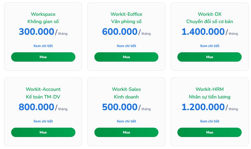6 gói dịch vụ tiêu chuẩn có sẵn trên workit