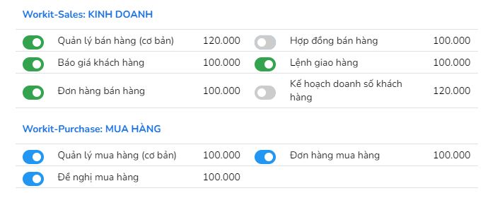 mẫu chọn thêm tính năng đề nghị mua hàng trên gói workit sales